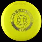 MODEL -  1975 World Class Frisbee 119G 41 Mold
COLOR - Yellow
WEIGHT - 119gr
CONDITION - Used
COMMENT - Krea Van Sickle and Laura Engle signed with trademark in raised lettering on backside
